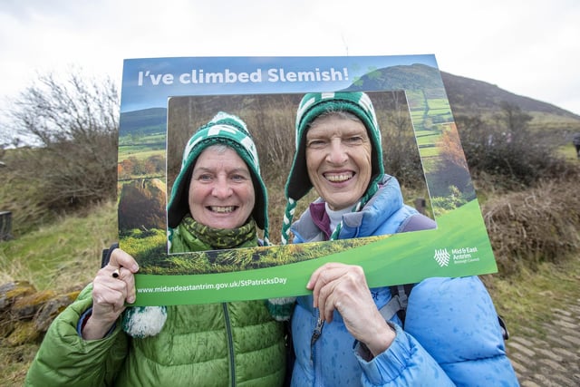 Marian Matter and Barbara Burtenshaw from Lisburn,after completeing the St Patricks Day climb on Slemish mountain in Co Antrim.Photo Paul Faith