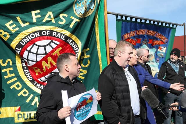 A protest took place at Larne Harbour on Friday afternoon over the dismissal of more than 800 P&O Ferries staff. Photographs by Declan Roughan / Press Eye