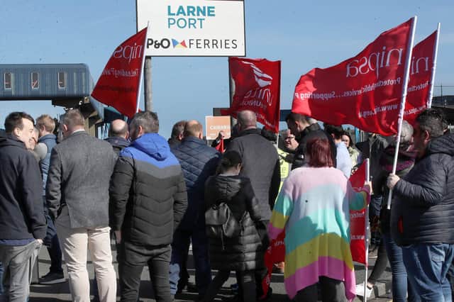 A protest was held at the Port of Larne gates on Friday.