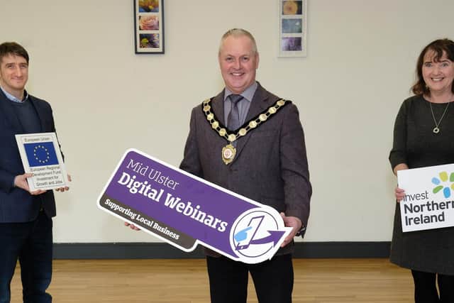 Chair of Mid Ulster District Council, Councillor Paul McLean is pictured with Daryl Conway, 42 Digital who is delivering the Digital First programme, and Ethna McNamee, Invest NI who has part funded the programme.