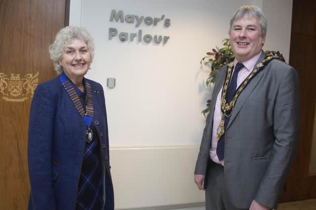 The Mayor of Causeway Coast and Glens Borough Council Councillor Richard Holmes pictured with Kilrea WI President Mrs Jennifer Gardiner at Cloonavin
