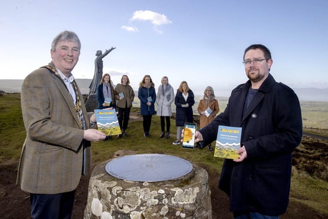 Pictured at Gortmore View Point for the launch of the new Echoes of the Causeway Coast heritage trail smartphone app are, front row, the Mayor of Causeway Coast and Glens Borough Council Councillor Richard Holmes, Council’s Museum Services Engagement Officer Nic Wright, and back row, Claire Savage (writer), Dr Helen Jackson (Ulster University), Collette Quigley and Linda McCracken (Big Telly), Council’s Destination Manager Kerrie McGonigle and Moyra Donaldson (writer)