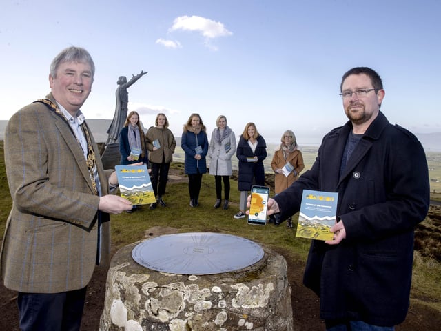 Pictured at Gortmore View Point for the launch of the new Echoes of the Causeway Coast heritage trail smartphone app are, front row, the Mayor of Causeway Coast and Glens Borough Council Councillor Richard Holmes, Council’s Museum Services Engagement Officer Nic Wright, and back row, Claire Savage (writer), Dr Helen Jackson (Ulster University), Collette Quigley and Linda McCracken (Big Telly), Council’s Destination Manager Kerrie McGonigle and Moyra Donaldson (writer)