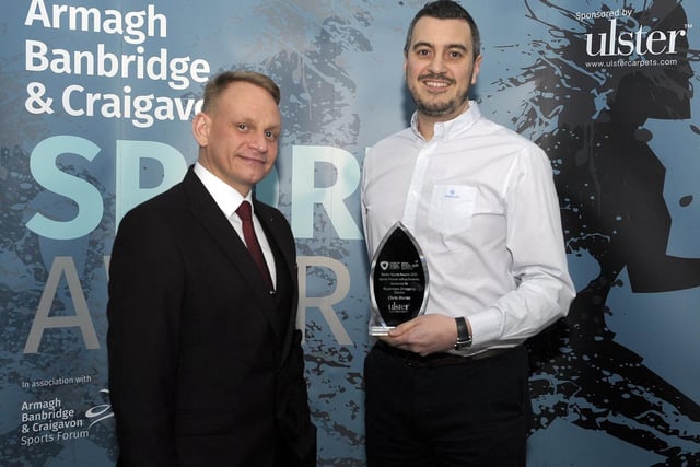 Sports Person with a Disability sponsored by Rushmere Shopping Centre
Award Winner: Chris Burns, Banbridge Cycling Club, (Aaron Wallace, Chairman of Banbridge Cycling Club accepting the award on his behalf), Tomas Vaitiekus, Rushmere Shopping Centre. ©Edward Byrne Photography