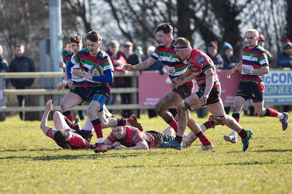 Mark Jackson breaks clear to score for Ballyclare. (Pic by Peter Adams).