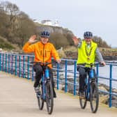 The Mayor of Mid and East Antrim, Councillor William McCaughey and Mark Logan, Pedals2Places tour guide, at the launch of a new e-bike tourism offering in Whitehead.