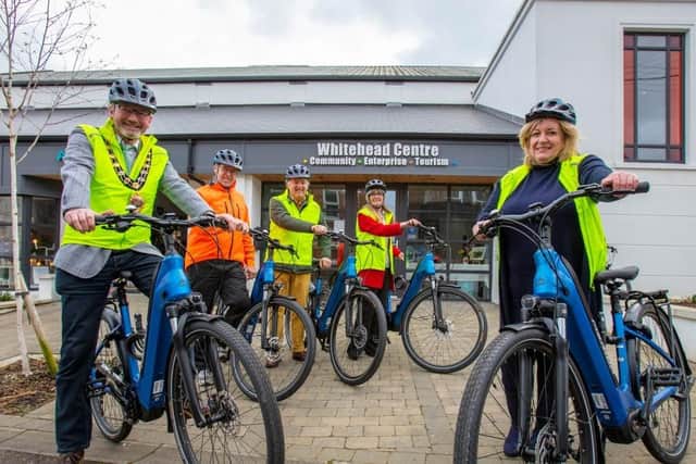 The Mayor, Councillor, William McCaughey, with Mark Logan, Pedals2Places tour guide; Ainsley McWilliams, regions manager, Tourism NI and representatives of Whitehead Community Association, Valerie Reynolds, chairperson and David Robinson,financial director.