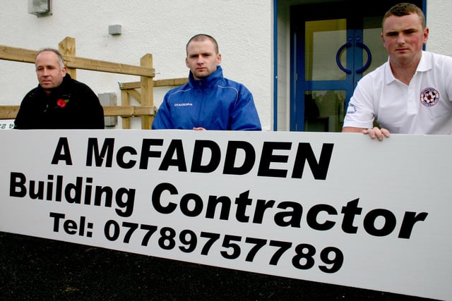 Members of Dunaghy FC pictured with a sponsorship banner from A McFadden Building Contractor at their home pitch last Saturday. Included in the picture are Jamie Lynch, Derek Parkhill and Richard McVicker.BM46-244JC