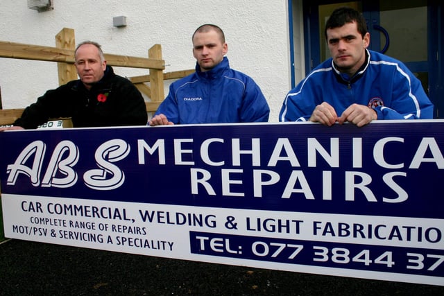 Chairman of Dunaghy FC Derek Parkhill pictured with a sponsorship banner along with Captain Richard McVicker and Nigel Small representing Tony Small from ABS Mechanical Repairs.BM46-242JC