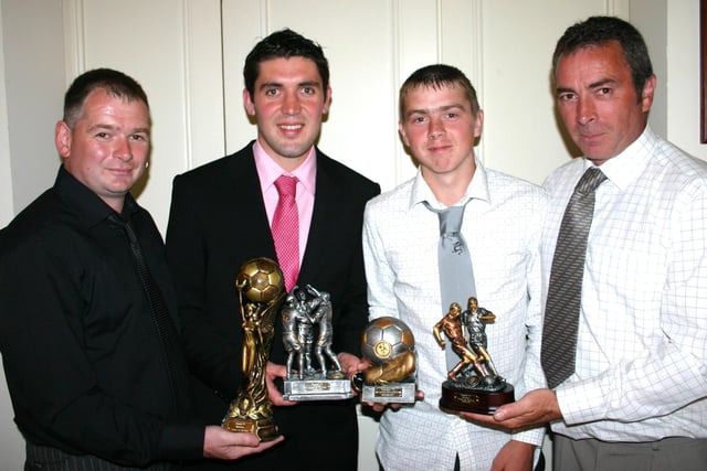 Ian Parkhill pictured with his awards at Dunaghy FC dinner. The Dunaghy 1sts player recieved Managers Player of the Year, Players Player of the Year, Referee's Player of the Year and Top Goal Scorer. Included in the picture is special guest Steven Carson, Raymond Parkhill and Arnie Blair.BM25-108JC