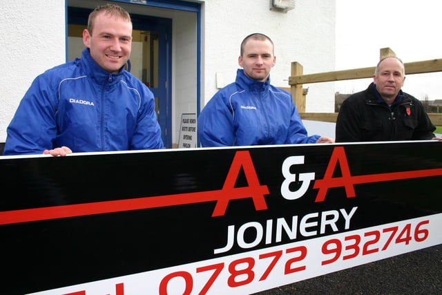 Members of Dunaghy FC pictured with a sponsorship board from A&A Joinery at Dunaghy last Saturday. Included in the picture are Derek Parkhill, Charlie Quinn and  Richard McVicker.BM46-243JC