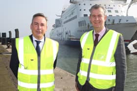 Agriculture Minister Edwin Poots (right) and Paul Grant, trade director of the Irish Sea for Stena Line pictured at the Belfast terminal.