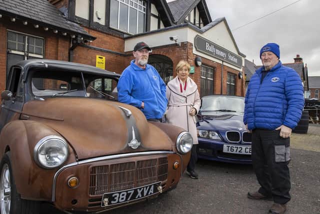 Harry Frizzell and Thompson Stirling of Ballymoney Old Vehicle Club pictured with Winnie Mellet, President of Ballymoney Chamber, at Station Square for the launch of Ballymoney Spring Fair which takes place in the town on April 8 and 9