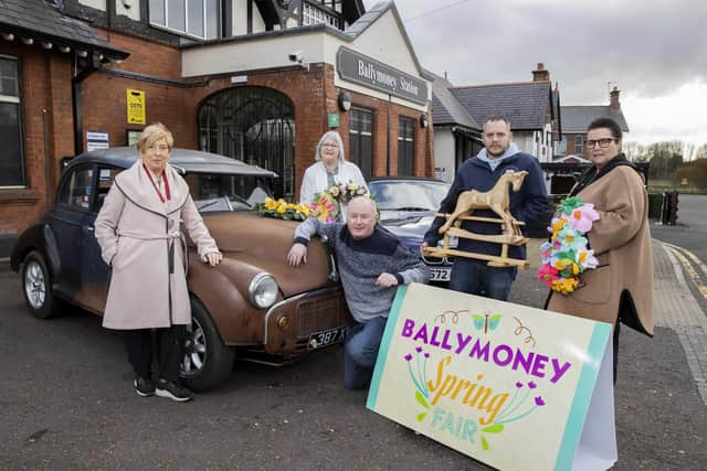 Pictured at Station Square for the launch of Ballymoney Spring Fair are Winnie Mellet, President of Ballymoney Chamber, Una Quinn from Winnifred Wreaths, Codie Murray, Secretary of FUSE FM, Alan Dean from Scenic Woodcraft and Louise Morrow from FUSE FM.