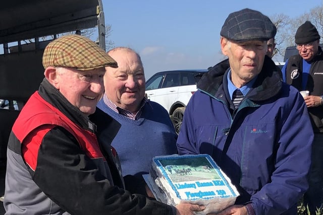 Lindsay Hanna BEM (right) celebrates ploughing at 250 ploughing matches with his horses. Presented by Society President Dai Kennedy (left) and Chairman Martin Gill