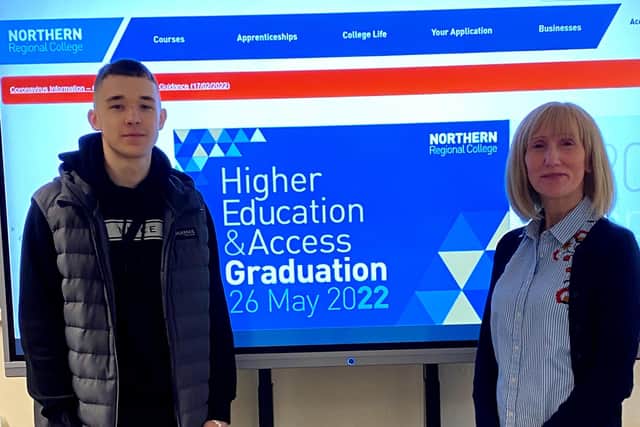 Dylan Black and Lecturer Karen Thompson from the Newtownabbey campus.