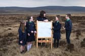 Infrastructure Minister Nichola Mallon visited the Garron Plateau in County Antrim to launch NI Water’s Schools Peatlands Poster competition. Pictured are Grace, Annie, Shauna and Peter from St Mary’s Queen of Peace PS, Glenravel with Anna Killen Outreach and Learning Officer, NI Water.Picture: Michael Cooper