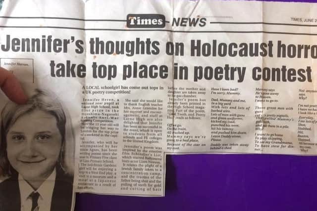 A Larne Times article on Jen after she won her first poetry competition aged 13.