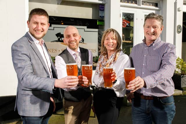 Ryan McCracken, McCrackens Brewery, Keith Johnson, bar manager at The Plough, chair of development committee, Alderman Amanda Grehan and William Patterson, co-owner of The Plough, Hillsborough
