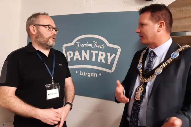 Chris Leech of the Freedom Foods Pantry in Lurgan with Lord Mayor of Armagh, Banbridge and Craigavon Glenn Barr.