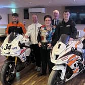 Riders Jonny Campbell, Alastair Seeley, Jason Lynn and Ross Irwin with Valerie McBride holding the Sam McBride Superbike Cup kindly donated by Mr John Hayes, also pictures, at Eight South, Carrydugg at the Temple Motorcycle and Athletic Club press event in the run up to the Ulster Superboke Championship round one at the Bishopscourt Race Circuit on Saturday, April 2, 2022.