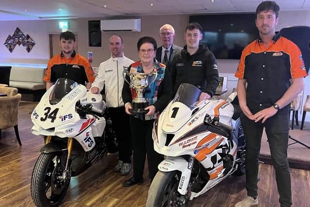 Riders Jonny Campbell, Alastair Seeley, Jason Lynn and Ross Irwin with Valerie McBride holding the Sam McBride Superbike Cup kindly donated by Mr John Hayes, also pictures, at Eight South, Carrydugg at the Temple Motorcycle and Athletic Club press event in the run up to the Ulster Superboke Championship round one at the Bishopscourt Race Circuit on Saturday, April 2, 2022.