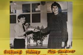 This picture from 1983 is on display in Garvagh Museum and shows Richard Holmes as a young pupil at Boveedy Primary School making a presentation to teacher Mrs Jennifer Gardiner to mark her retirement