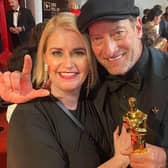 Portadown talent agent Shelley Lowry of Shelley Lowry Talent Management with Troy Kotsur who won an Oscar for Best Supporting Actor  at the Academy Awards ceremony in Los Angeles, California.