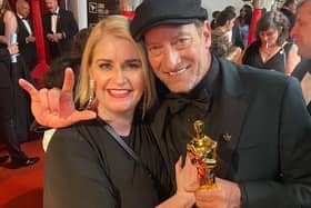 Portadown talent agent Shelley Lowry of Shelley Lowry Talent Management with Troy Kotsur who won an Oscar for Best Supporting Actor  at the Academy Awards ceremony in Los Angeles, California.