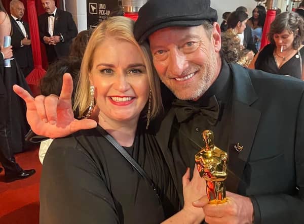 Portadown talent agent Shelley Lowry of Shelley Lowry Talent Management with Troy Kotsur who won an Oscar for Best Supporting Actor  at the Academy Awards ceremony in Los Angeles, California.