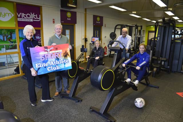 Jimmy Walker, Chairman of Sport Lisburn & Castlereagh, Councillor Sharon Skillen, Chair of the Leisure & Community Development Committee, Councillor Thomas Beckett, Vice Chair of the Leisure & Community Development Committee, Ellie Scott and Lady Mary Peters