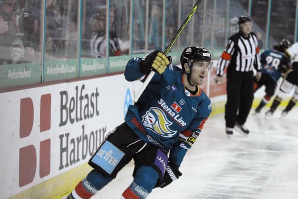 Belfast Giants'  Scott Conway celebrates scoring against Nottingham Panthers during last Friday night's Elite Ice Hockey League game at the SSE Arena, Belfast. Picture: Darren Kidd/Presseye