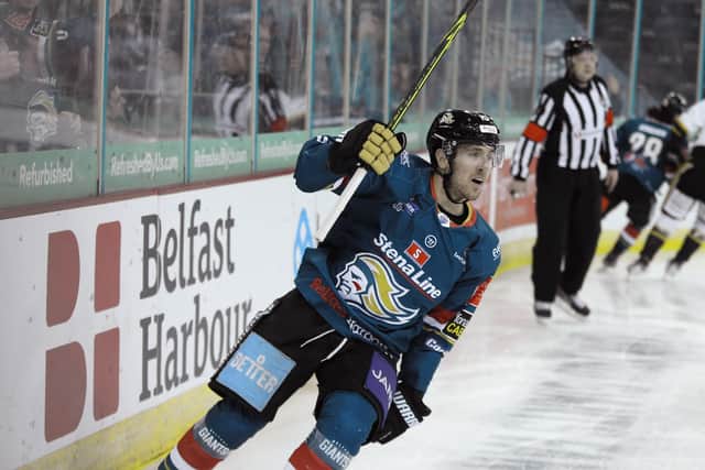 Belfast Giants' Scott Conway celebrates scoring against Nottingham Panthers during last Friday night's Elite Ice Hockey League game at the SSE Arena, Belfast. Picture: Darren Kidd/Presseye