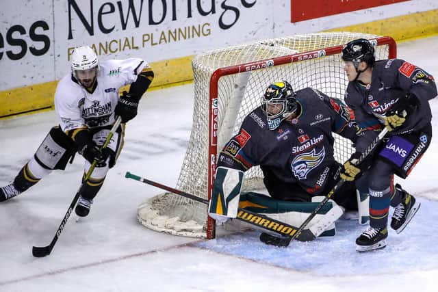 Belfast Giants' Tyler Beskorowany with Nottingham Panthers' Robbie Baillargeon during last Saturday night's Elite League game at the SSE Arena, Belfast. Picture: William Cherry/Presseye