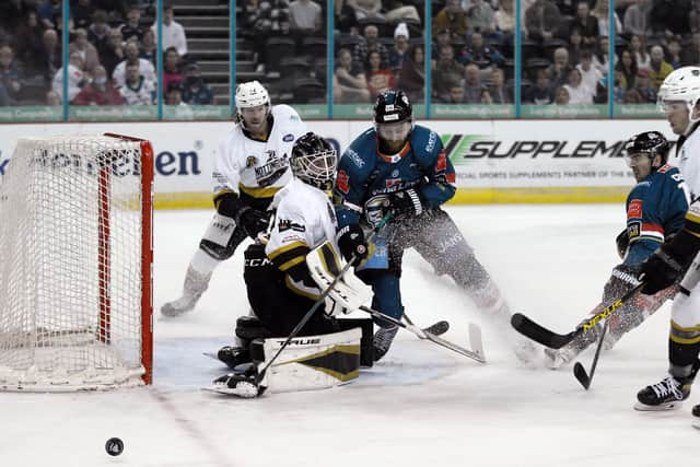 Belfast Giants' Ciaran Long with Nottingham Panthers' Kevin Carr during last Friday night's Elite Ice Hockey League game at the SSE Arena, Belfast. 

Picture: Darren Kidd/Presseye