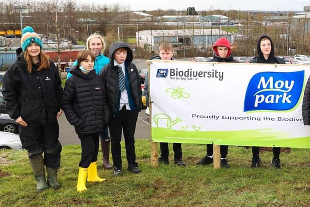 Eager students from Slemish College on site at Moy Park's Ballymena site to help with the planting of 350 as part of a wider project to improve biodiversity in the local area.