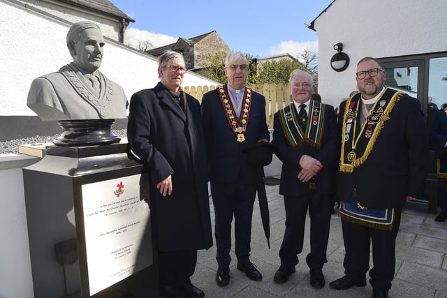 The unveiling of a bust of Sir Norman Stronge took place by Bro James Kingan and Sir Knight Andy Gray, and it was dedicated by Grand Chaplain Sir Knight Nigel Reid. 
Picture:: Arthur Allison/Pacemaker Press.