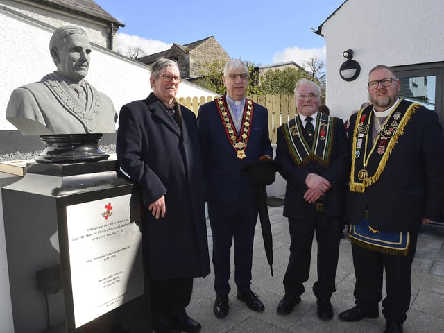 The unveiling of a bust of Sir Norman Stronge took place by Bro James Kingan and Sir Knight Andy Gray, and it was dedicated by Grand Chaplain Sir Knight Nigel Reid. Picture:: Arthur Allison/Pacemaker Press.