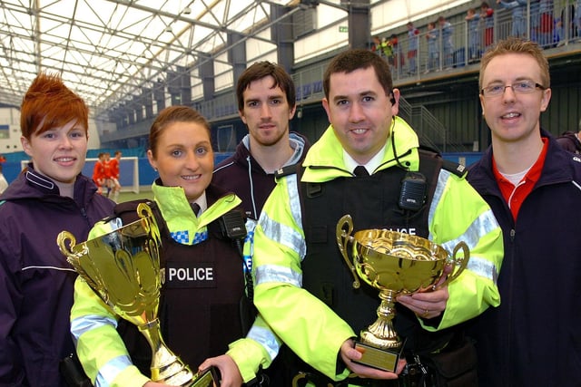 Pictured at the Spires Super Six Cup soccer tournament in 2010 sponsored by JC Stewarts and the PSNI were Debra Rankin (JC Stewarts), Lindsey Cunningham, Paul Irwin, Gregory Stewart and Peter McElwain.