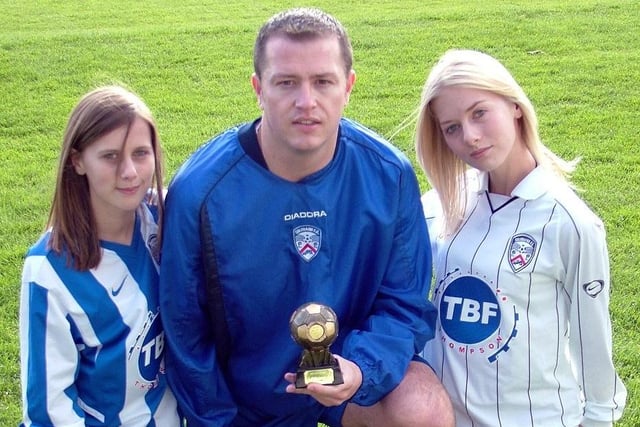 DAVY'S NO1...Garvagh and Kilrea District Coleraine Supporters Club Player of the Month for September: Davy Patton receiving trophy from Nadine and Naomi McKnight. CR43 257s