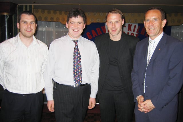 Coleraine supporter Andrew Stewart gets to meet his heroes including Coleraine goalkeeper Davy O'Hare, midfielder Stephen Beatty and former Coleraine manager Kenny Shiels at the Garvagh, Kilrea and District Coleraine Supporters Club's dinner on Saturday night.