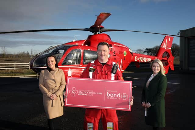 Pictured are two members of the independent judging panel, Dr Sinead Campbell-Gray, Emergency Medicine Consultant for Belfast Health and Social Care Trust and Wellness Advocate and founder of Little Penny Thoughts, Annette Kelly with Helicopter Emergency Medical Service Paramedic, Phil Hay of the awards charity partner, the Air Ambulance Northern Ireland