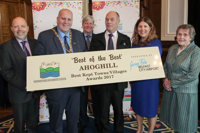 Winner of the overall Best of the Best 2017 Category of the NI Best Kept Awards is Ahoghill. Dave Foster, Department of Agriculture, Environment and Rural Affairs, Joe Mahon, Patron of the NI Amenity Council, Michelle Hatfield, Human Resources and Corporate Responsibility Director at Belfast City Airport and Doreen Muskett, President of the NI Amenity Council, present Mid and East Antrim Lord Mayor, Councillor Paul Reid and Trevor Logan, Ahoghill Traders Association with their award. Following its win in the Large Village category, the judges found Ahoghill to be the overall winner thanks to its well-maintained and presented areas and floral displays.
