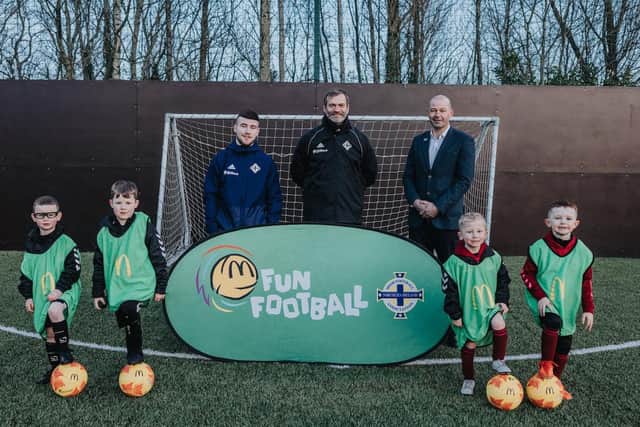 Pictured at a McDonald’s Fun Football Centre  is Roy Carroll, former Northern Ireland goalkeeper and Karl Wilkinson, Franchisee Operations Manager, McDonald’s.