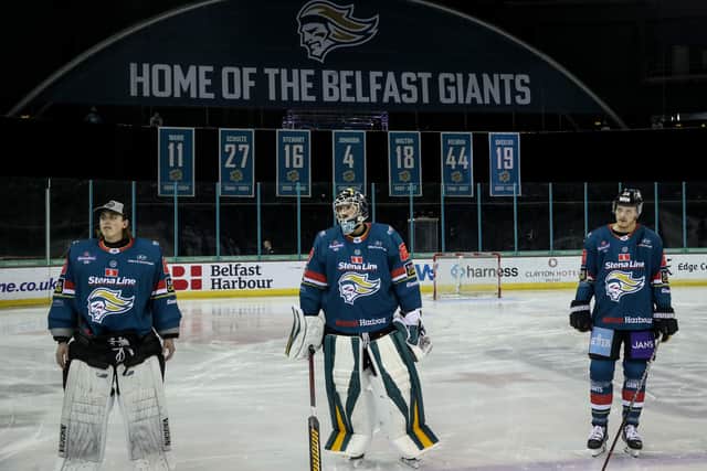 Belfast Giants legend Colin Shields #19 Jersey was retired and the banner hung at the SSE Arena, Belfast before last Friday night's EIHL game against Glasgow Clan. Picture by William Cherry/Presseye
