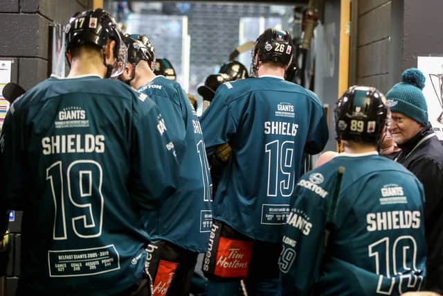 Belfast Giants players wearing #19 Shields Jerseys during the warm-up ahead of last Friday's Elite Ice Hockey League game against the Glasgow Clan at the SSE Arena, Belfast.  Picture by William Cherry/Presseye