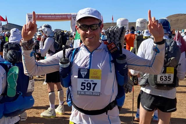 Niall pictured at the start line of the Marathon des Sables.