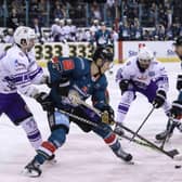 Belfast Giants’ Tyler Soy with Glasgow Clan’s Tim Shoup