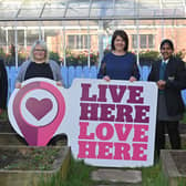 Pictured, from left, pupil Ahmed Hussein and teacher Ciara McKee, St Joseph's College with Live Here Love Here manager Helen Tomb and pupil Bhagya Rajesh, St Joseph's College.
