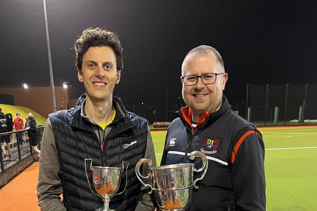 Pictured with the Richardson Cup and the Burney Cup, left to right, Mr Simon Jess (1st XI and U15 coach) and Mr Colin Walker (team manager)